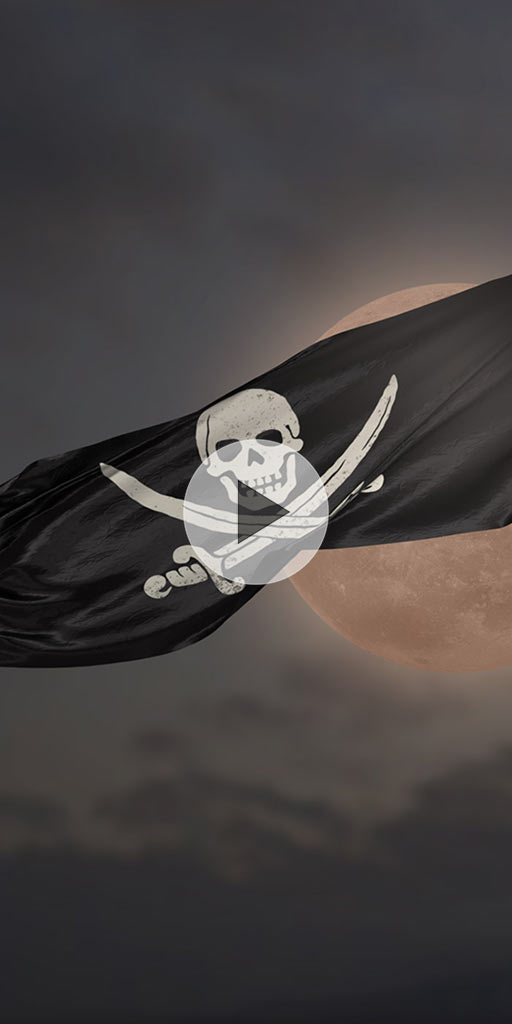 Flag with Jolly Roger. Live wallpaper with architectural objects