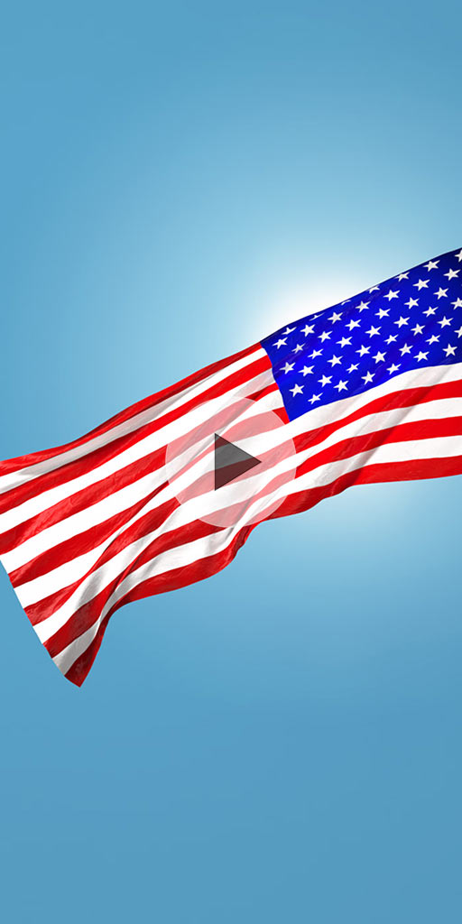 USA flag on blue sky. Live wallpaper with architectural objects