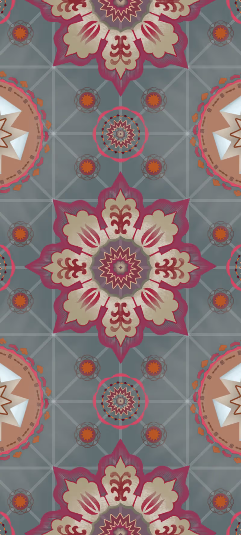 Abstract pattern with flowers and geometry.