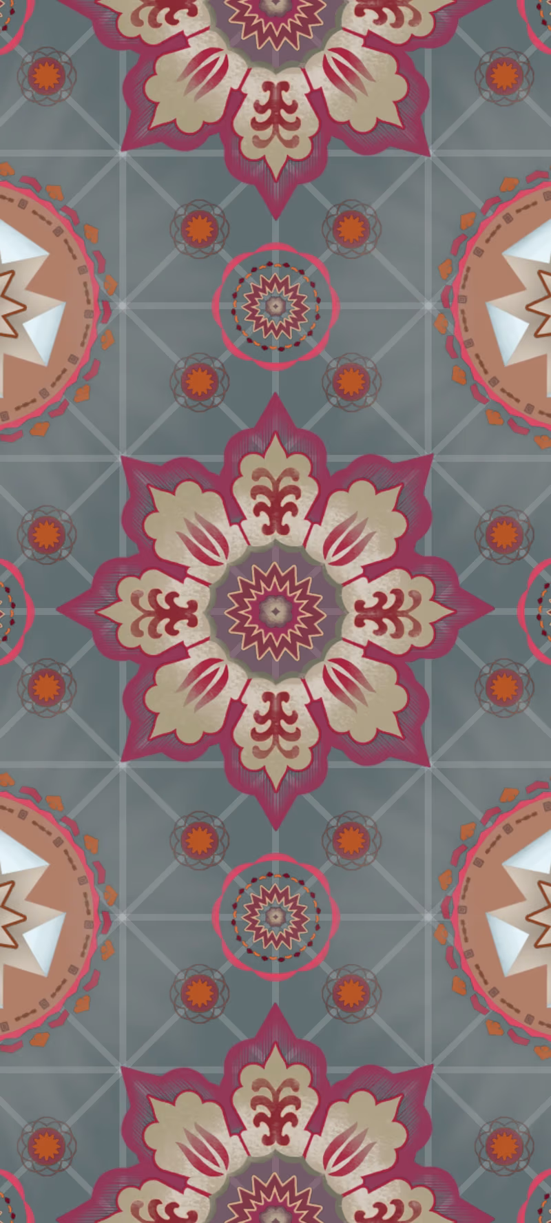 Abstract pattern with flowers and geometry.