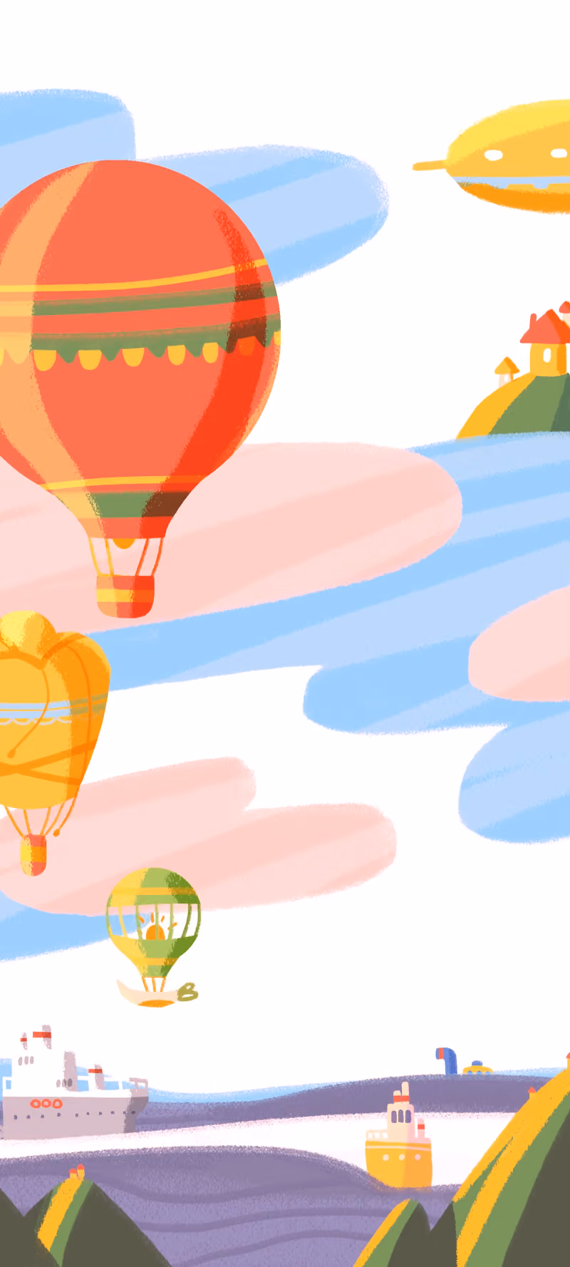 Balloons and an airship hover over the sea.