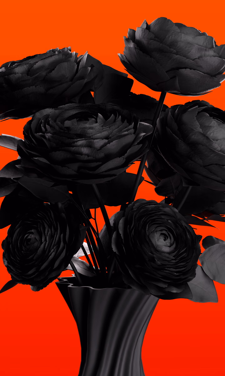 Black roses sway against a vivid red background.