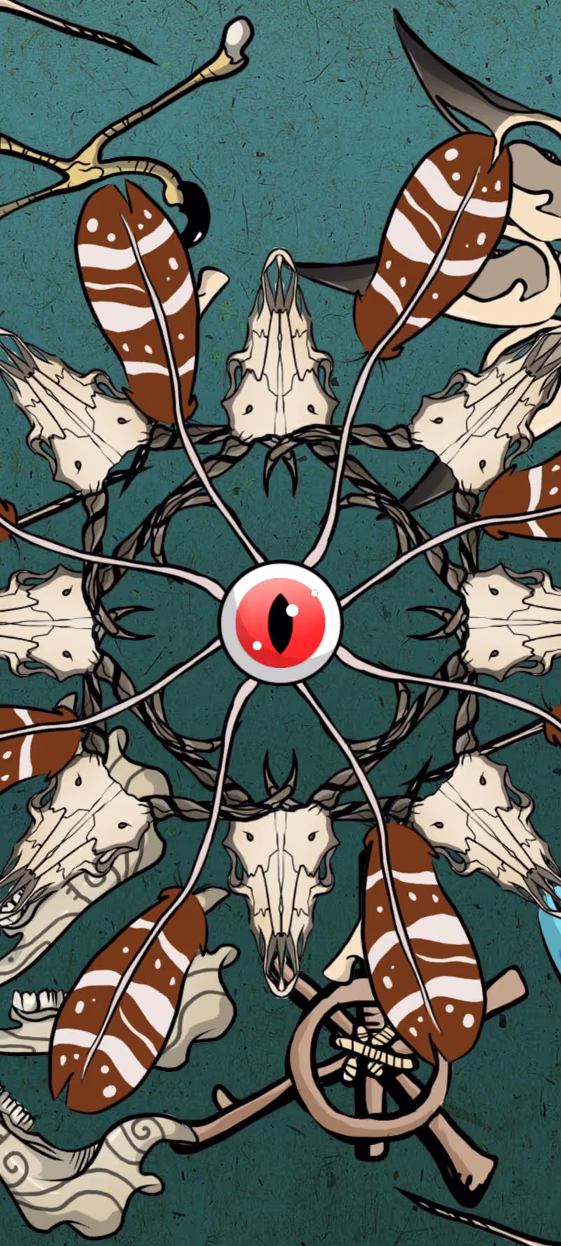 Feathers and bones spin in a repeating totem pattern.