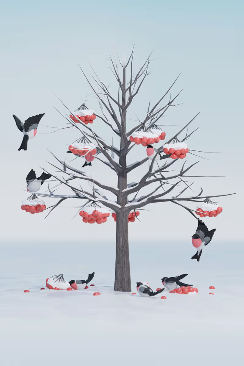 Bullfinches perch beside clusters of rowan berries.