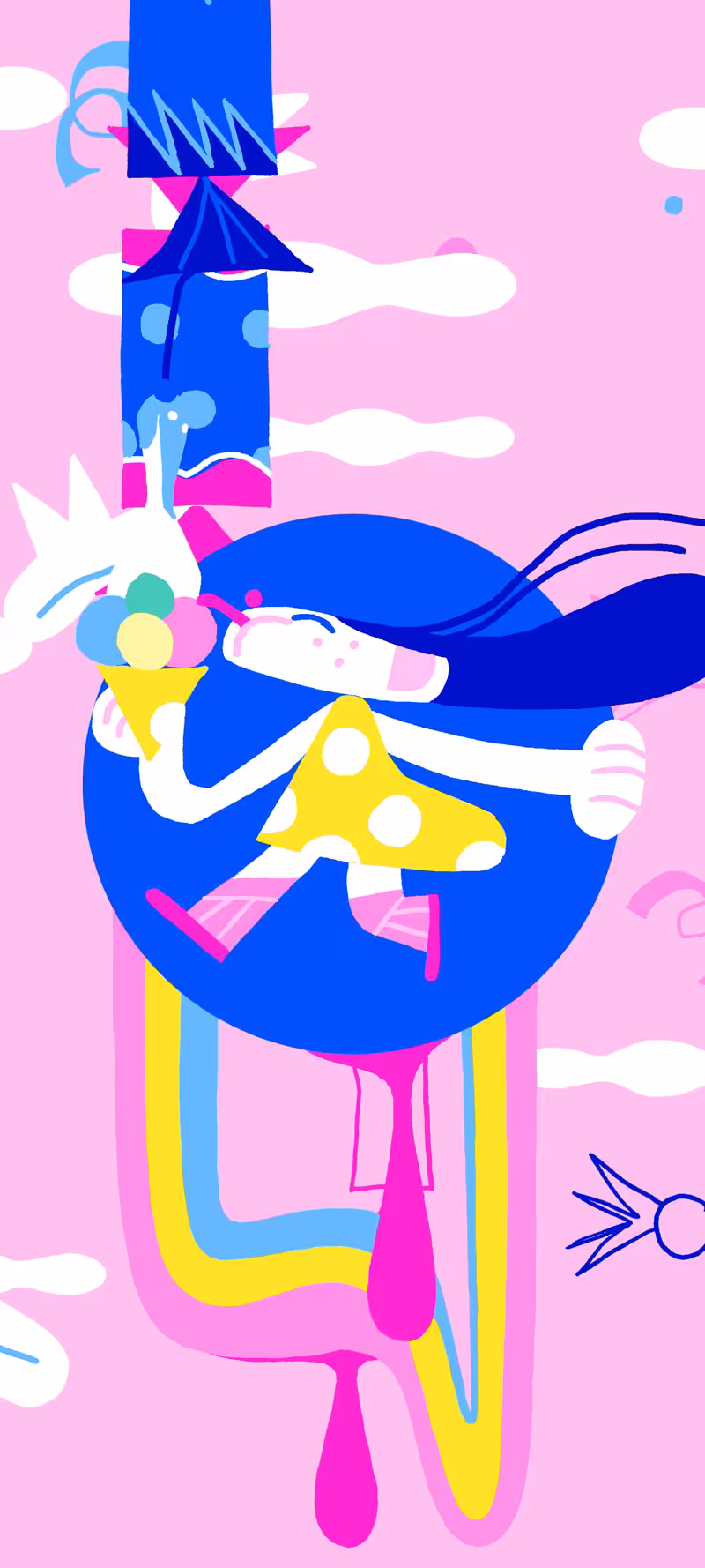 A cheerful girl is surrounded by colorful sweets.