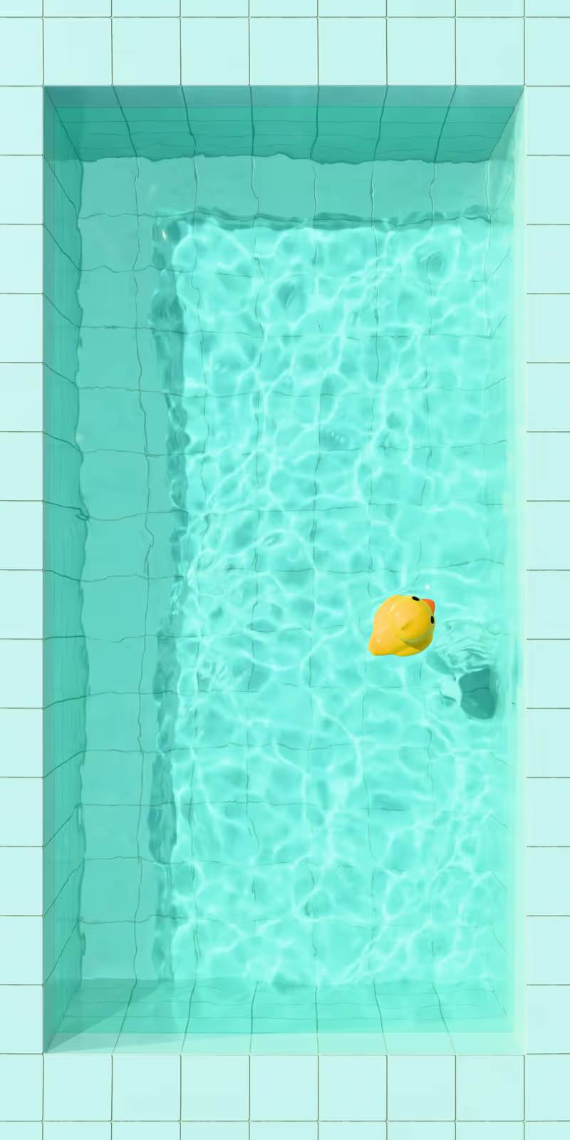A duck swims through a pool viewed from above.