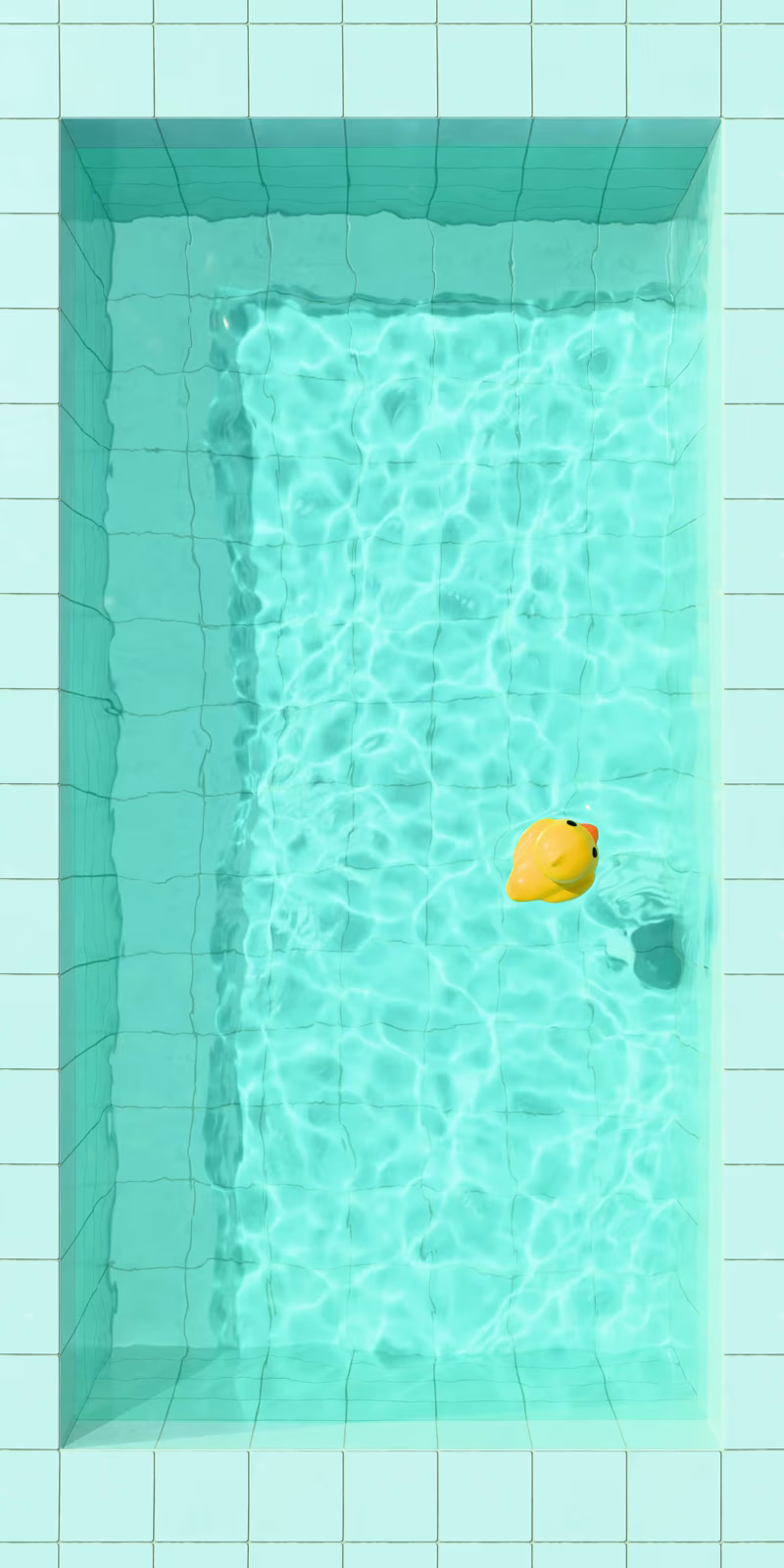 A duck swims through a pool viewed from above.