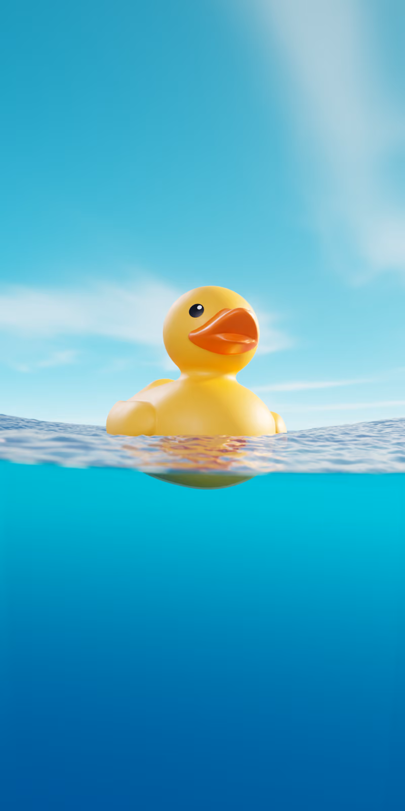 A yellow rubber duck bobs at the waterline beneath a pale blue sky.