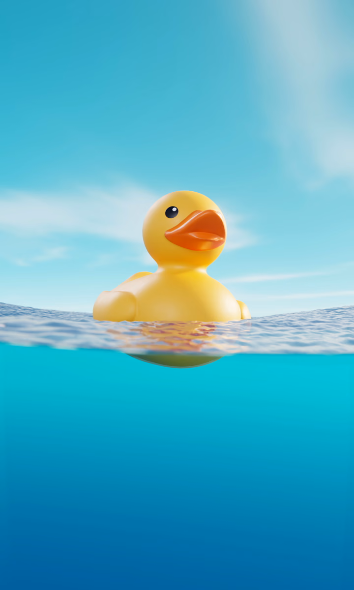 A yellow rubber duck floats in a shallow puddle.