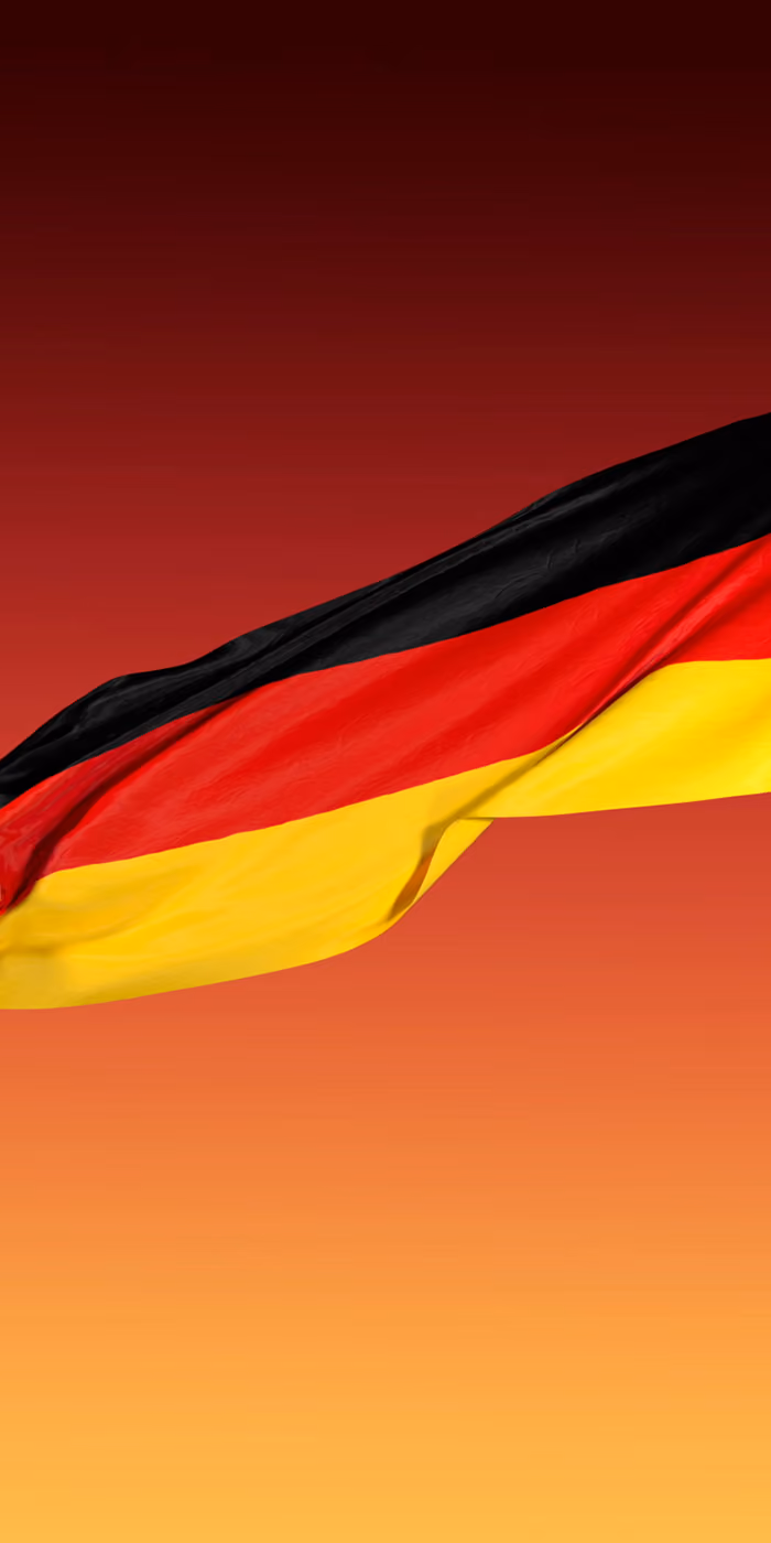 The German flag waving against the sky.