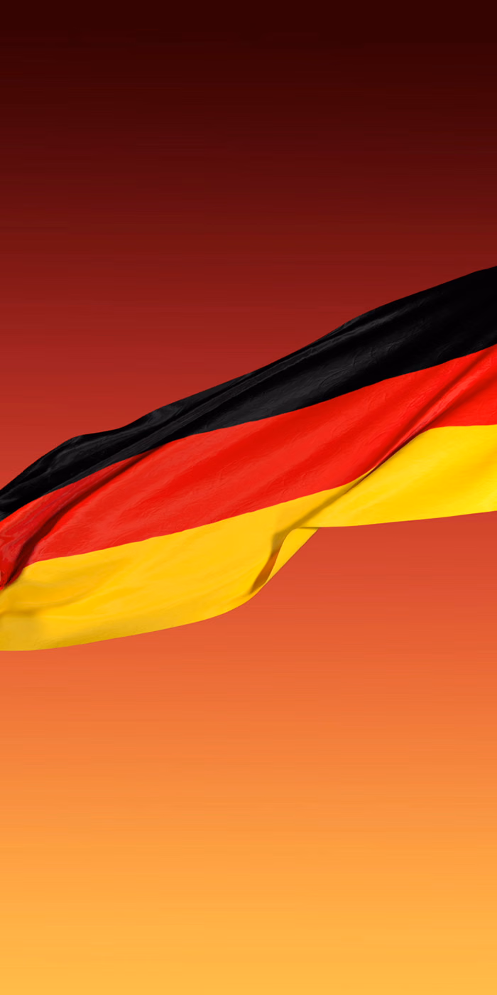 The German flag waving against the sky.