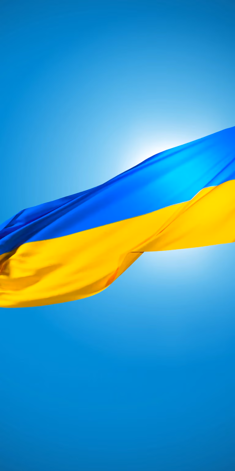 The Ukrainian flag waving against the dark sky.