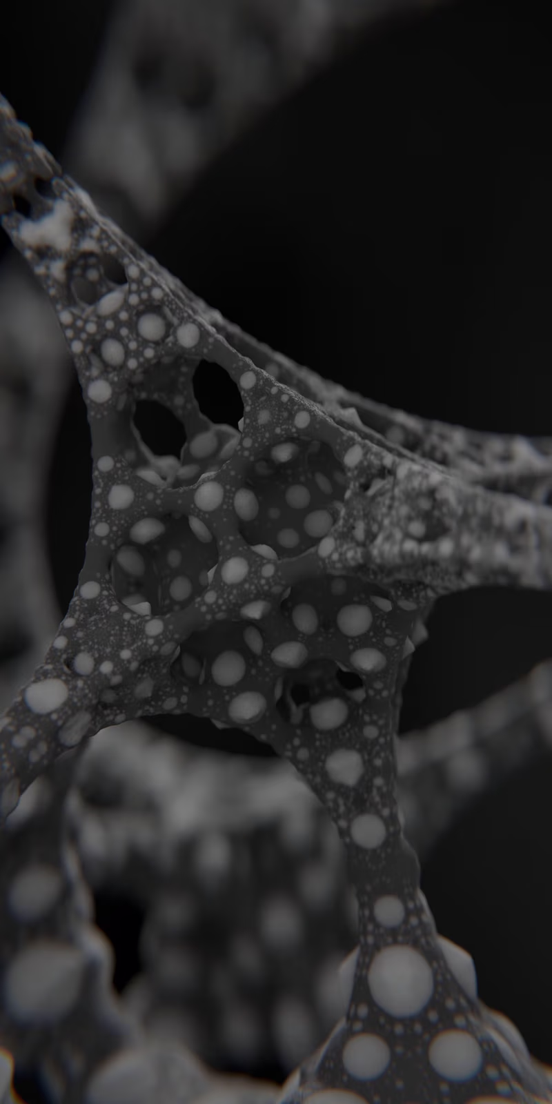 A white 3D fractal unfolds against a dark background.