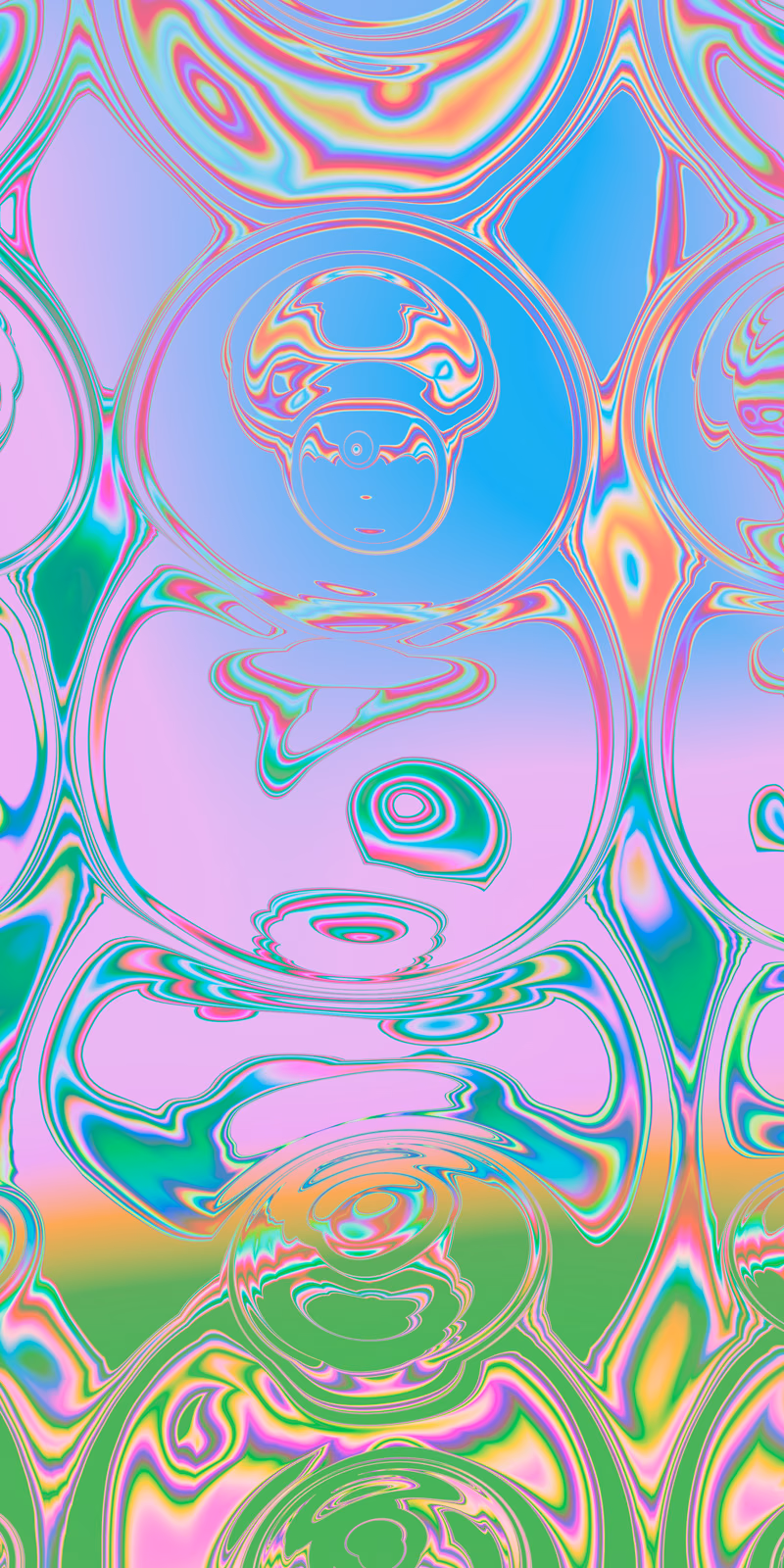 Large iridescent circles flow through shifting pastel colors.