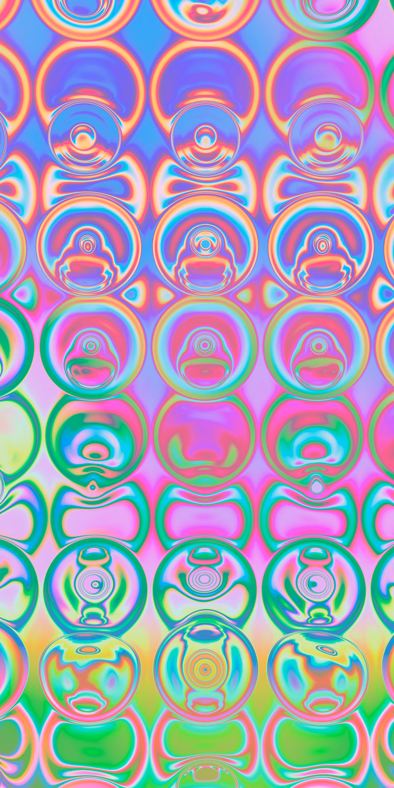 Small rainbow circles pulse in a seamless liquid pattern.