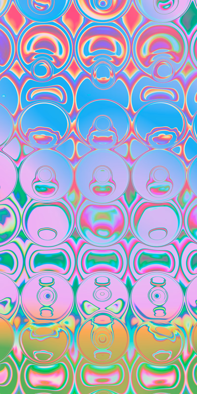Small blue-and-pink circles ripple like liquid glass.