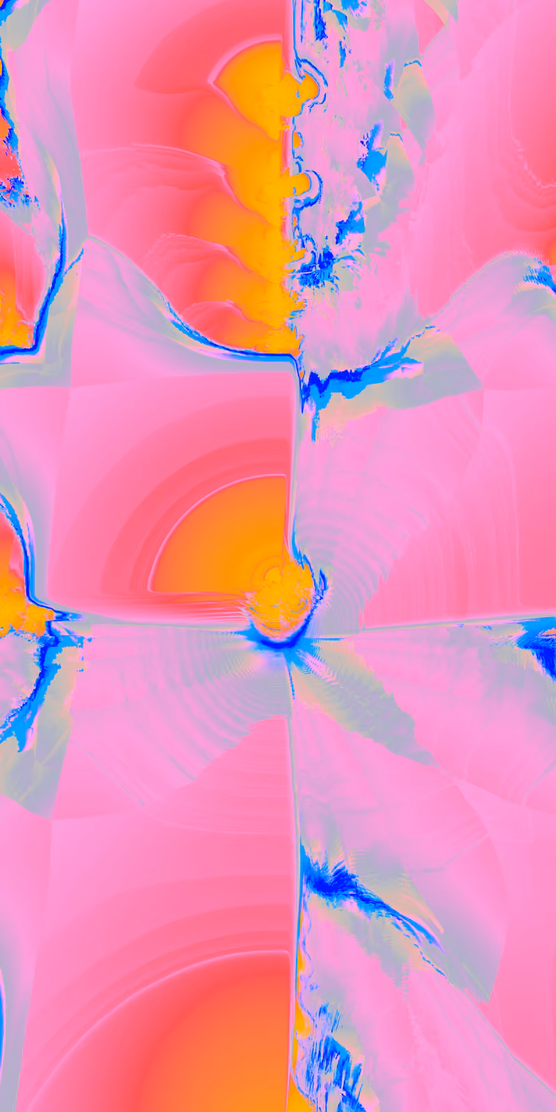 Pink-and-orange fractal peaks fold into a mirrored abstract pattern.