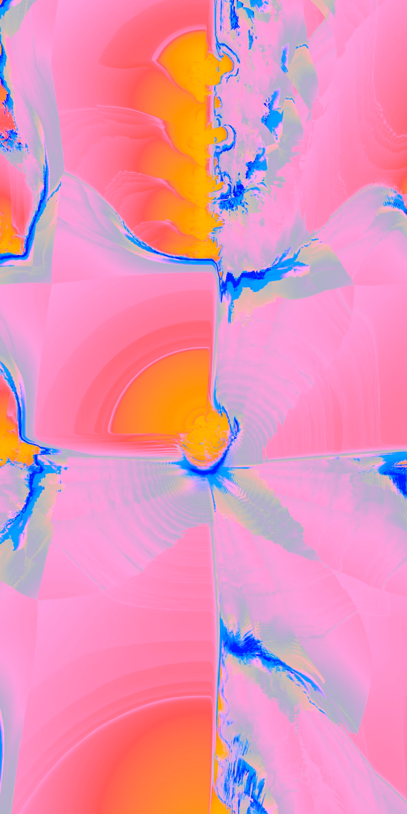 Pink-and-orange fractal peaks fold into a mirrored abstract pattern.