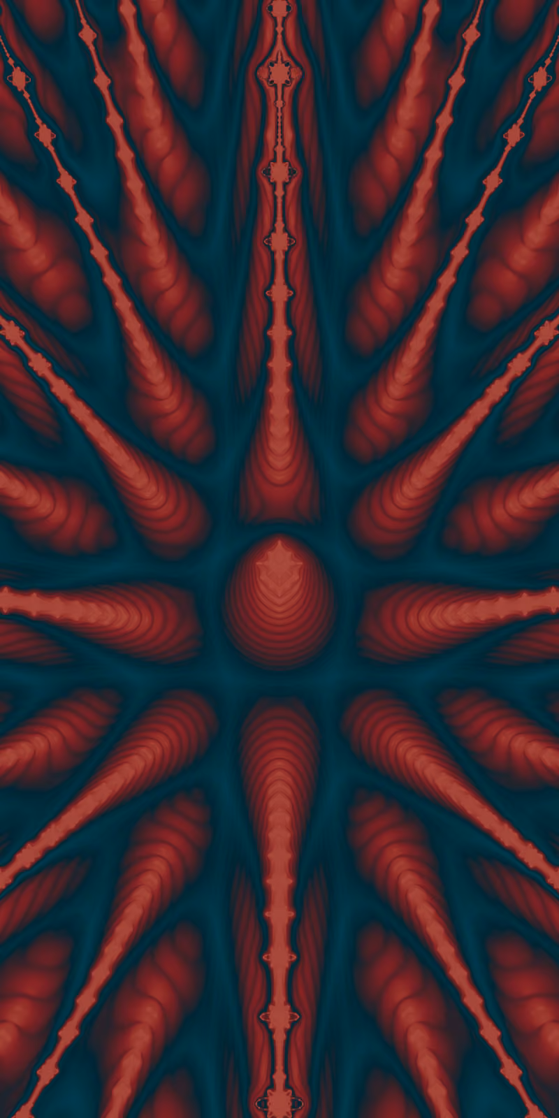 Red-and-teal fractal peaks radiate from a dark center.