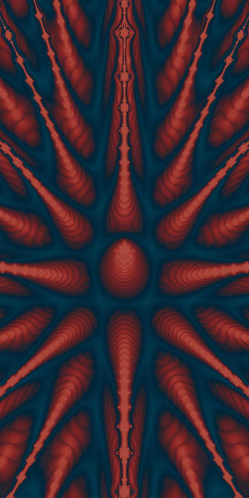 Red-and-teal fractal peaks radiate from a dark center.
