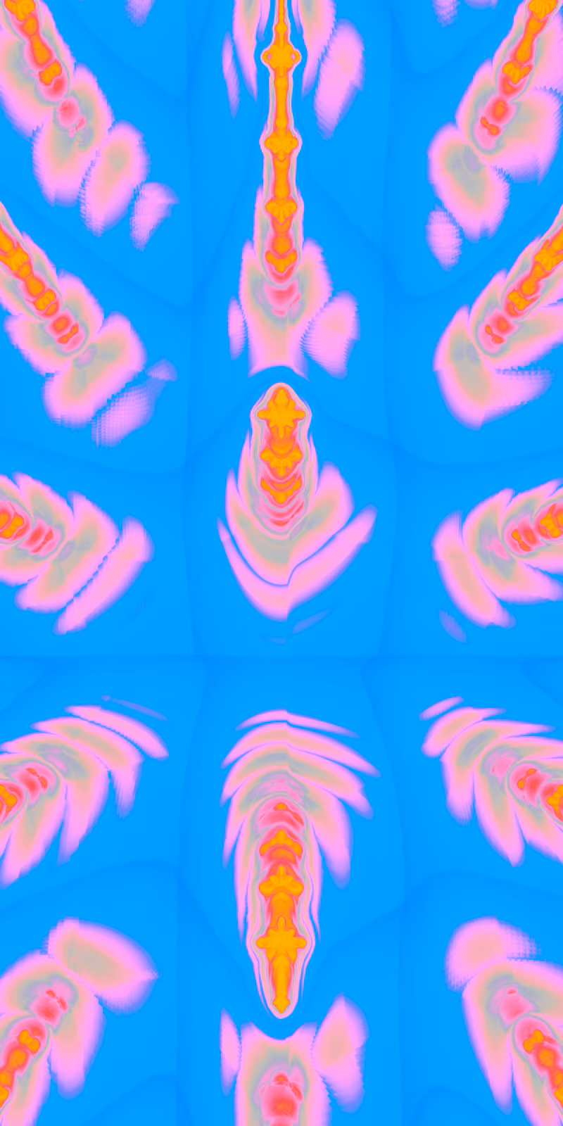 Blue-and-pink fractal rays pulse in a bright symmetrical pattern.