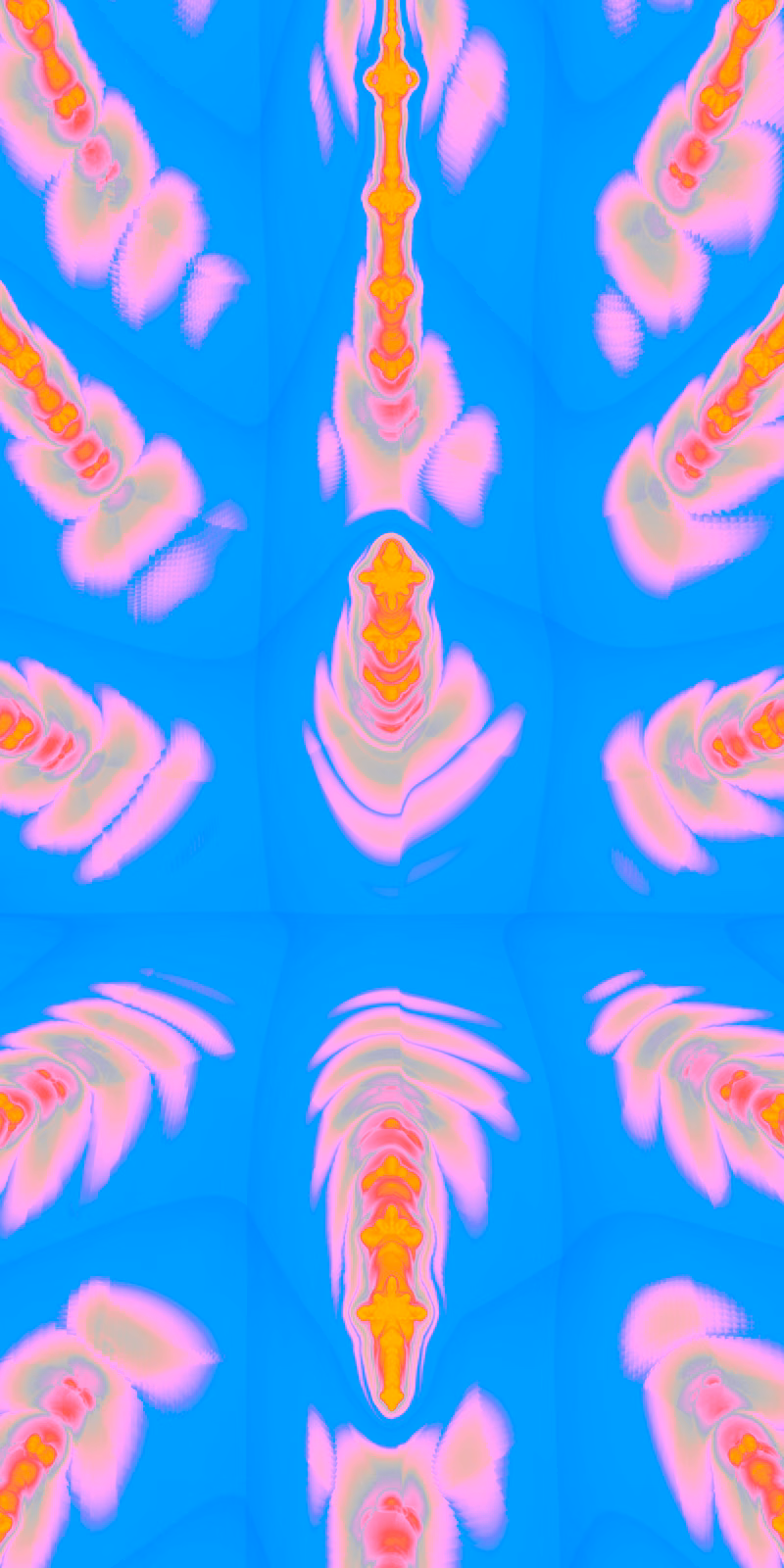 Blue-and-pink fractal rays pulse in a bright symmetrical pattern.