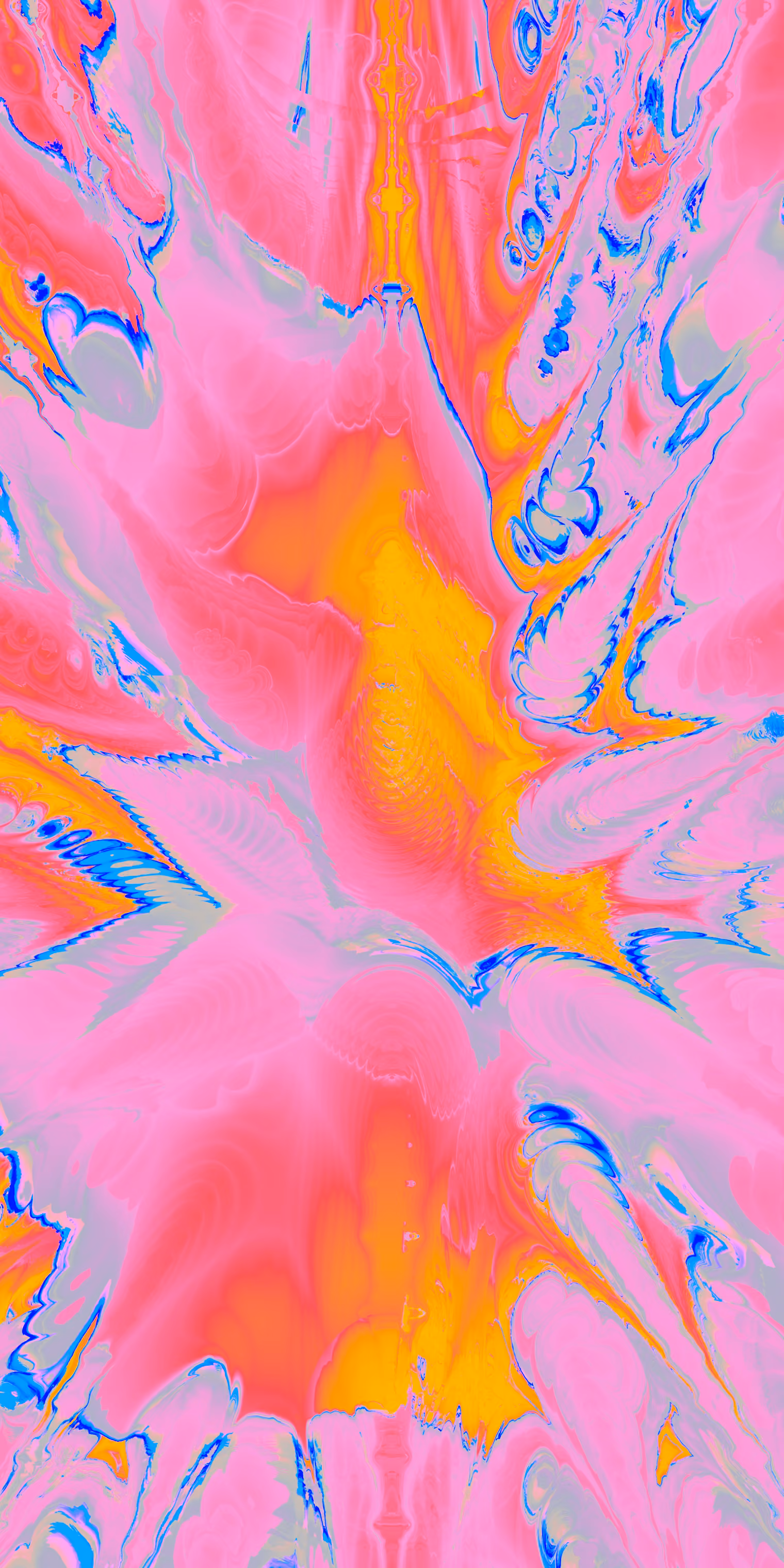 Hot-pink fractal peaks twist around flashes of blue and orange.