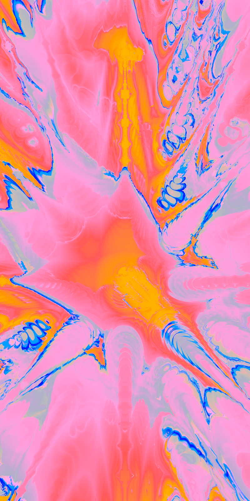 Hot-pink fractal peaks twist around flashes of blue and orange.