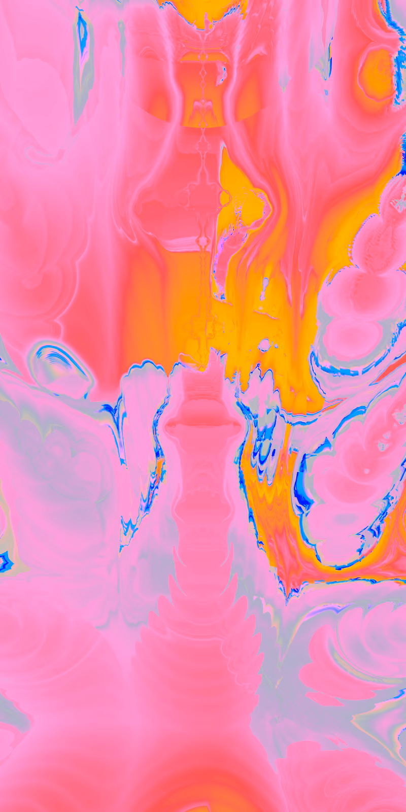 Pink-and-orange fractal forms stretch into a soft mirrored pattern.