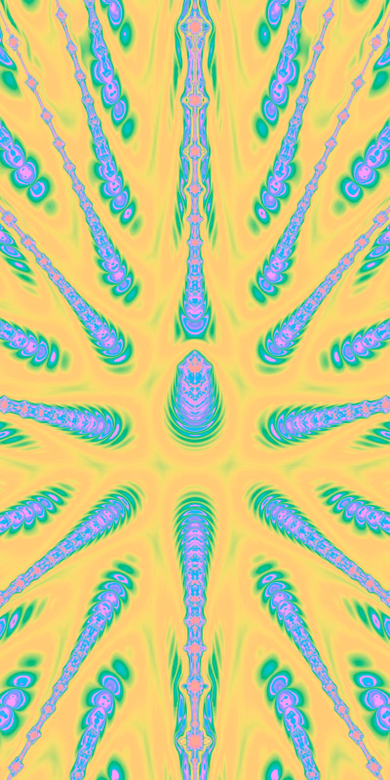 Yellow fractal rays ripple through turquoise and pink.