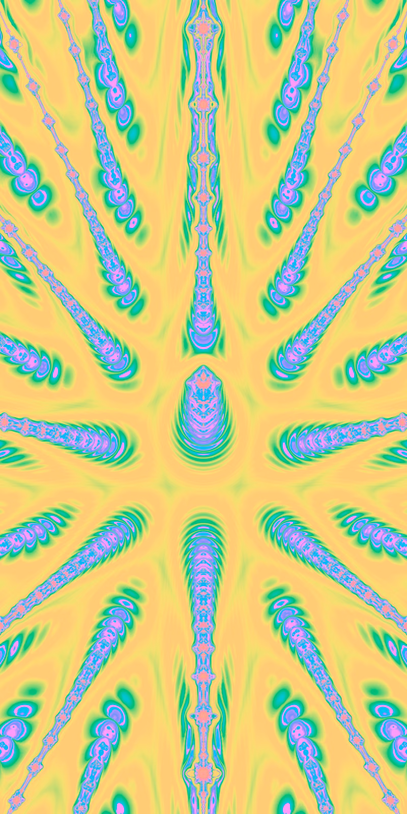 Yellow fractal rays ripple through turquoise and pink.