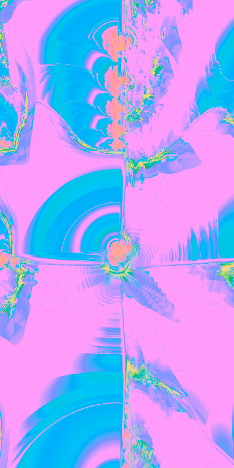 Cyan-and-pink fractal peaks fold into a mirrored pattern.
