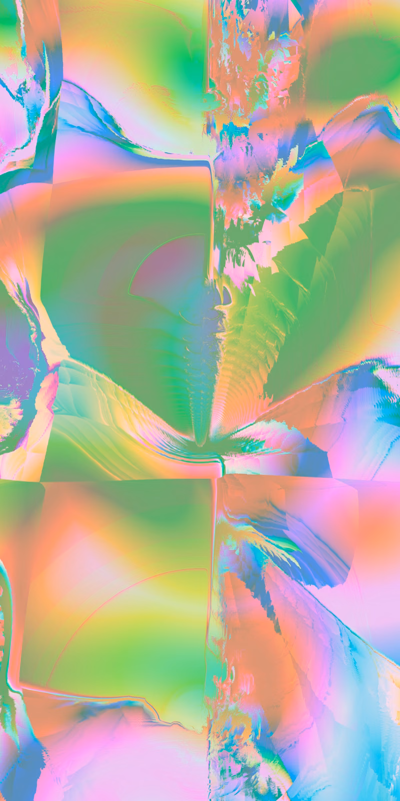 Green-and-coral fractal peaks bend into mirrored shapes.