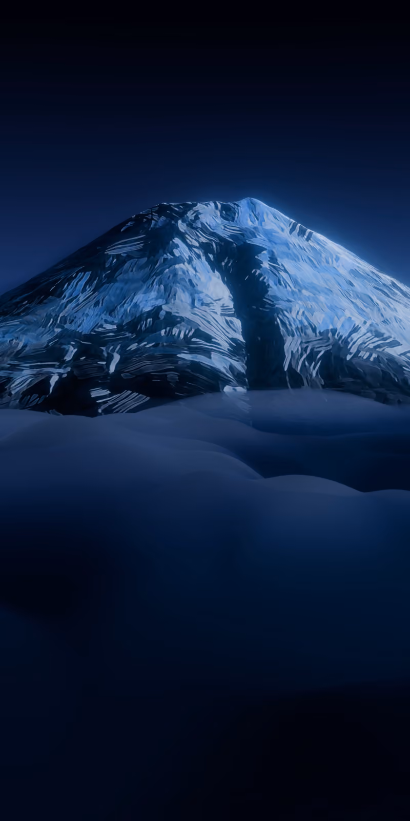 Mount Fuji rises above dark clouds beneath a night sky.