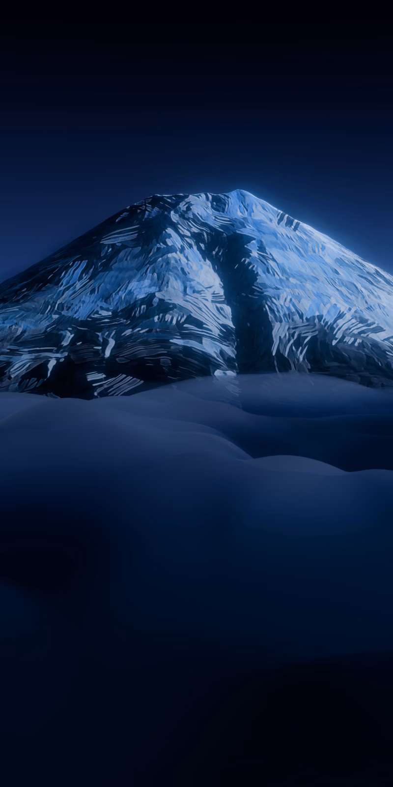 Mount Fuji rises above dark clouds beneath a night sky.