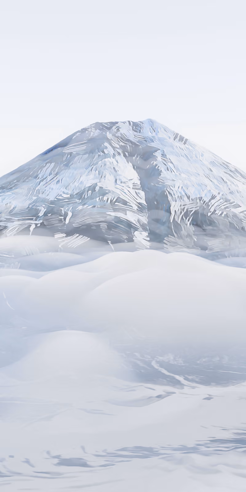 A snow-covered Mount Fuji rises above soft white clouds.