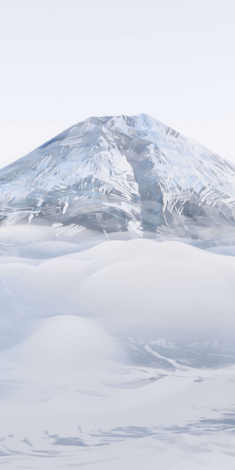 A snow-covered Mount Fuji rises above soft white clouds.
