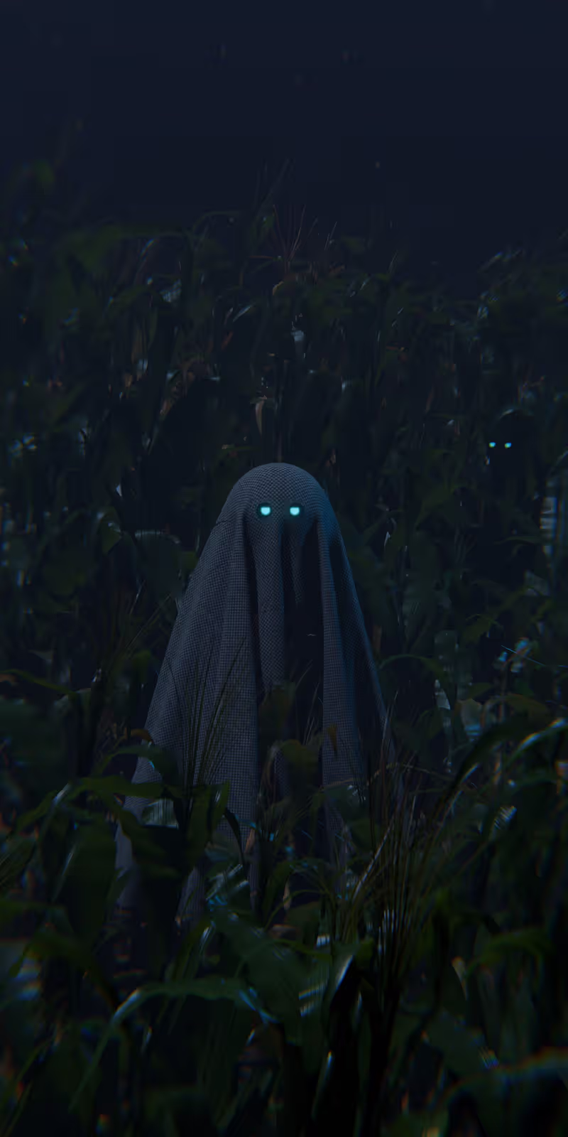 Eerie cornfield at night with a ghostly figure draped in a checkered sheet and glowing blue eyes. The ghost stands among tall corn plants, creating a mysterious and unsettling atmosphere.