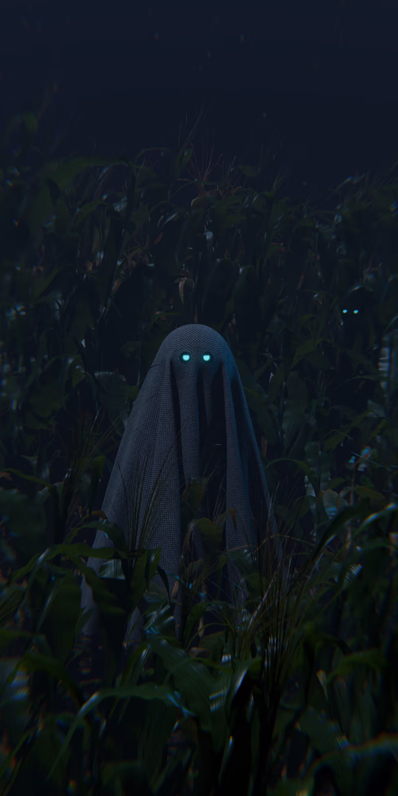 Eerie cornfield at night with a ghostly figure draped in a checkered sheet and glowing blue eyes. The ghost stands among tall corn plants, creating a mysterious and unsettling atmosphere.