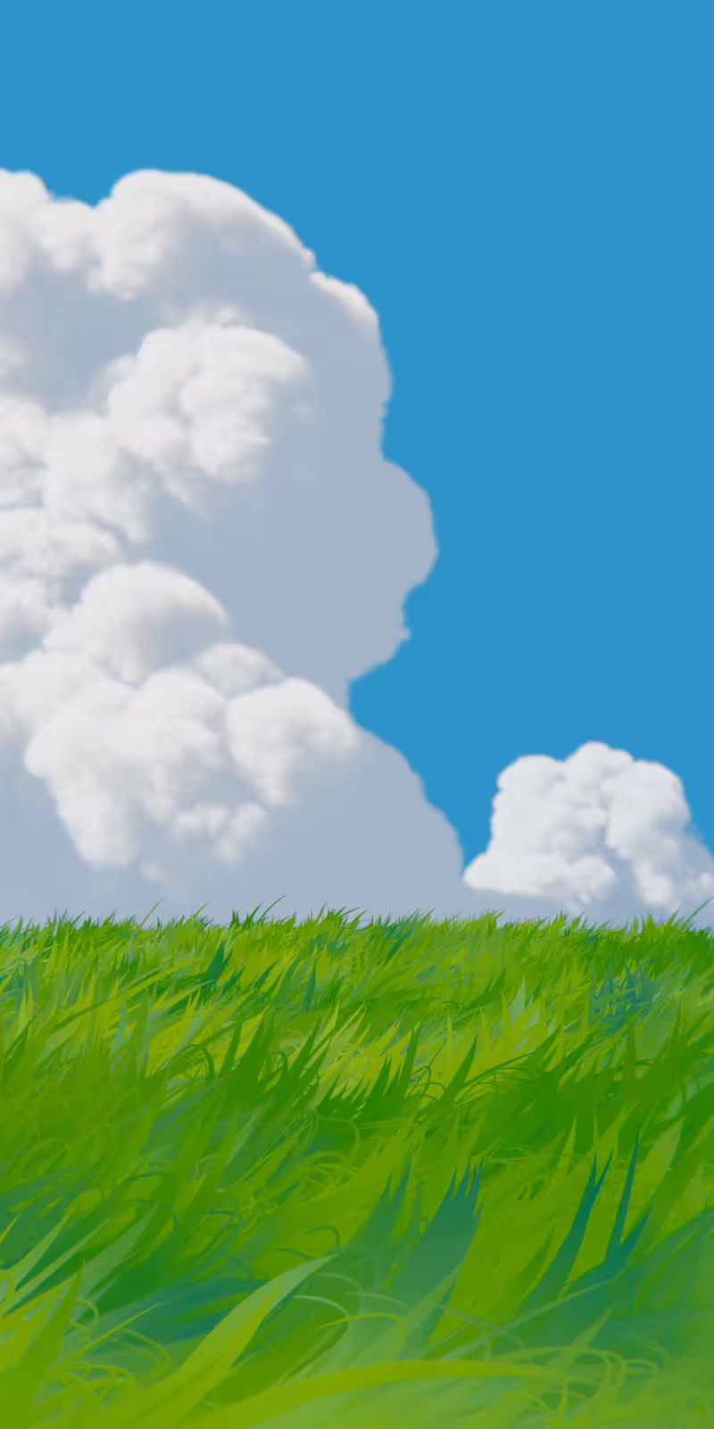 Strong wind sweeps across a field beneath white clouds in a tranquil anime-style scene.