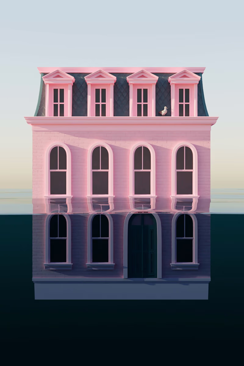 A house stands partially submerged in water.