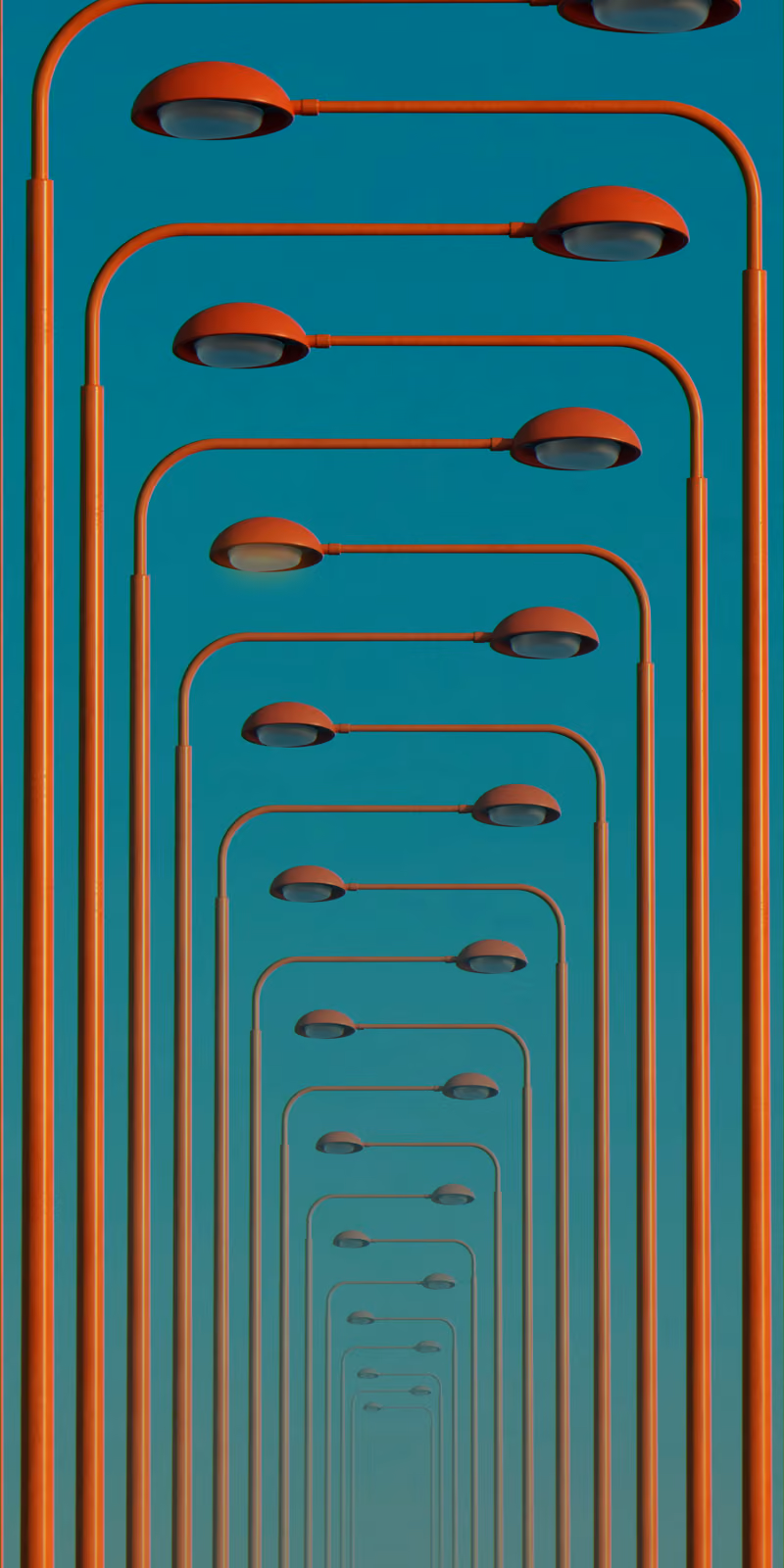 Colorful light poles rise and fall in a geometric pattern.