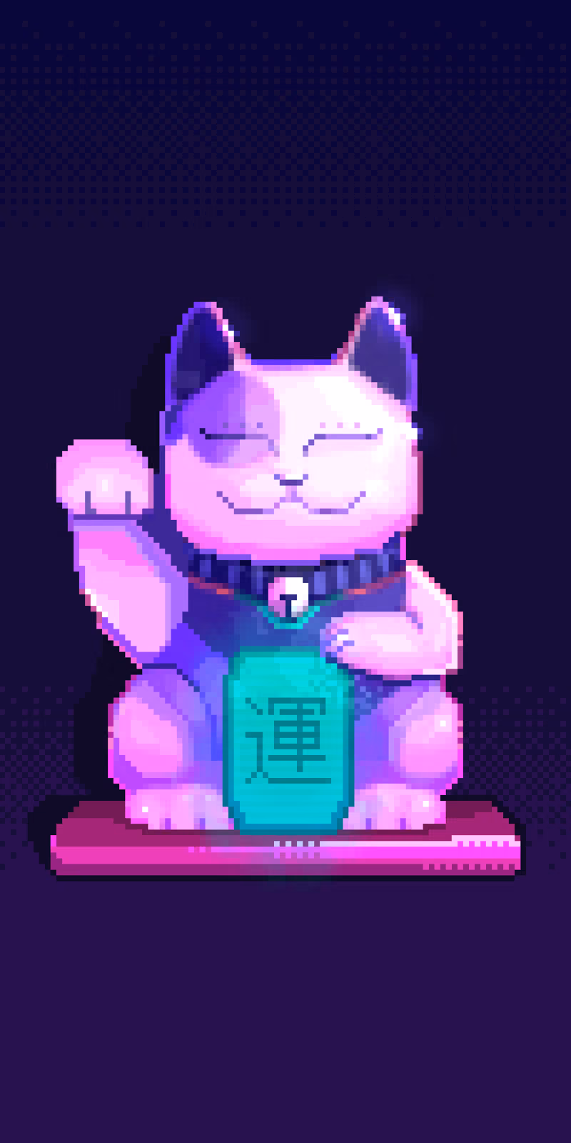 A glowing lucky cat waves its paw against a dark background.