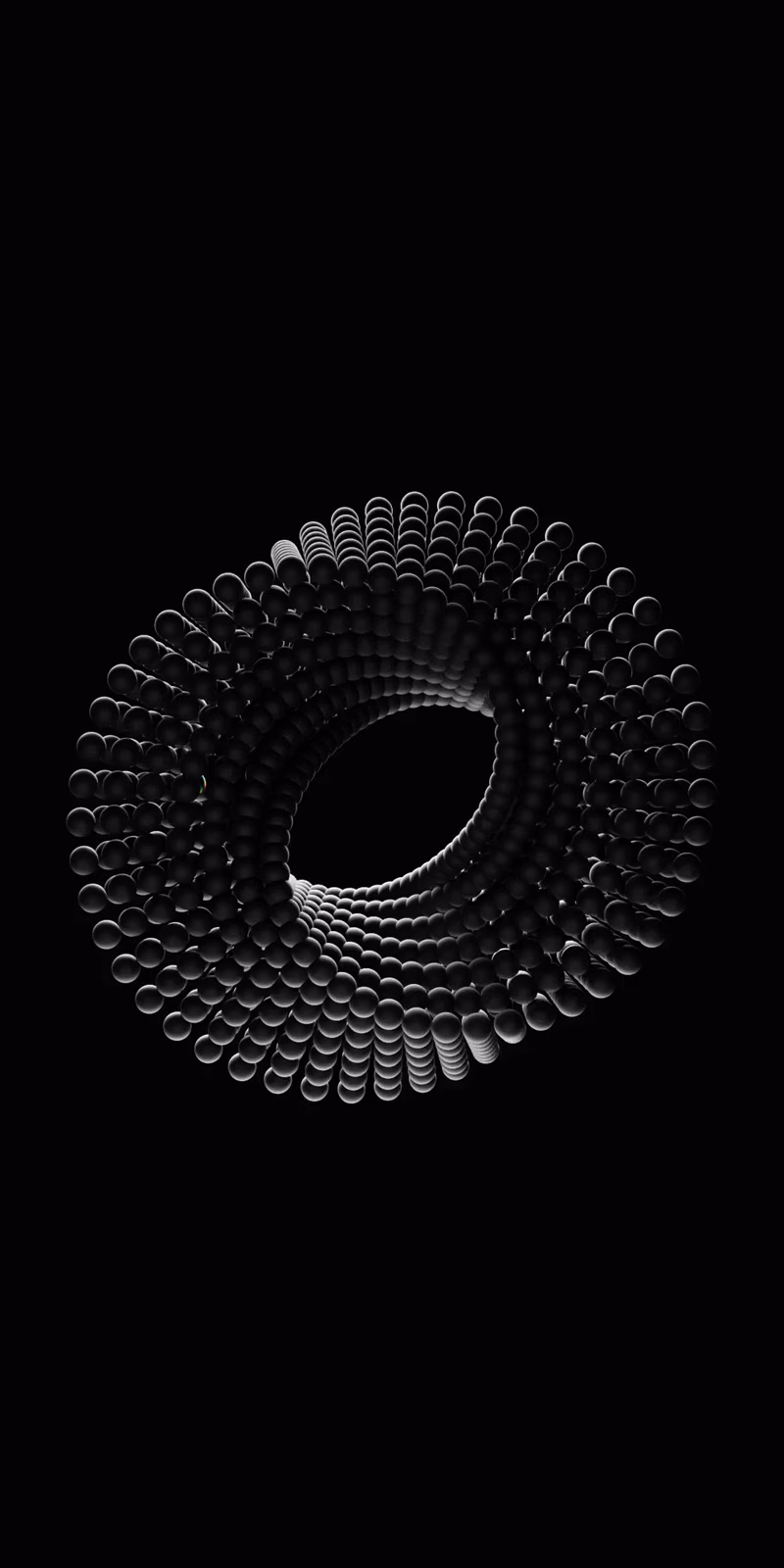 Black balls form a flowing 3D Möbius strip.