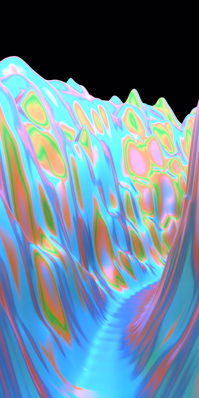 A flight through a canyon of blue abstract mountains.