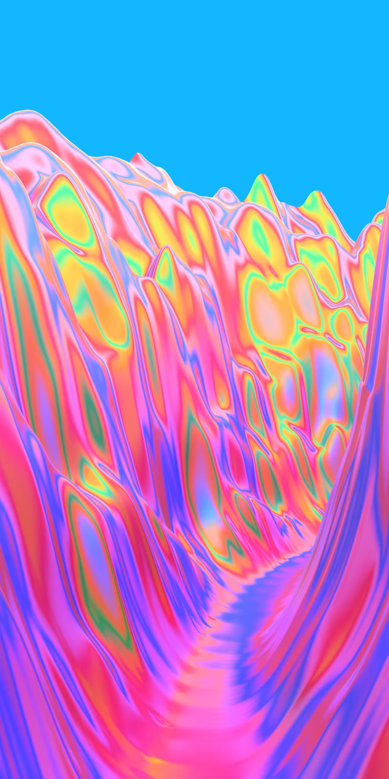 A flight through a canyon of pink abstract mountains.