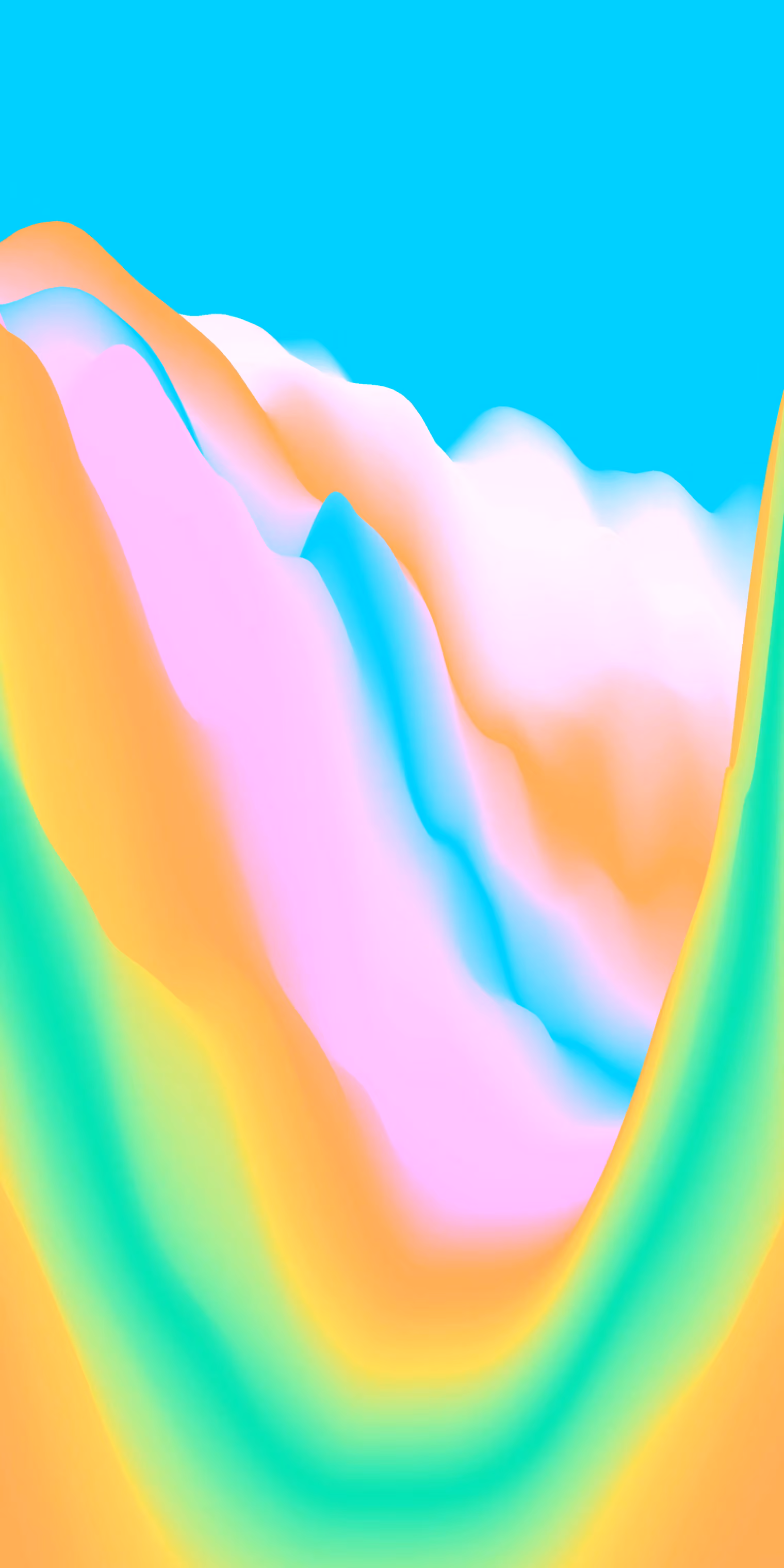 A flight through a canyon of striped abstract mountains.