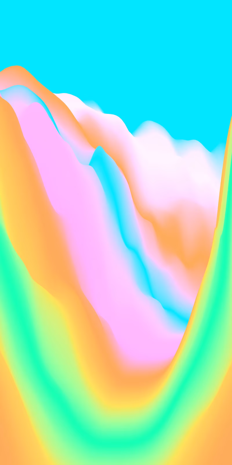 A flight through a canyon of striped abstract mountains.