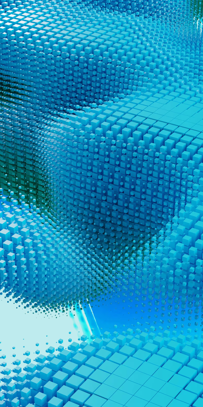 A blue-green 3D noise field shifts and flows.