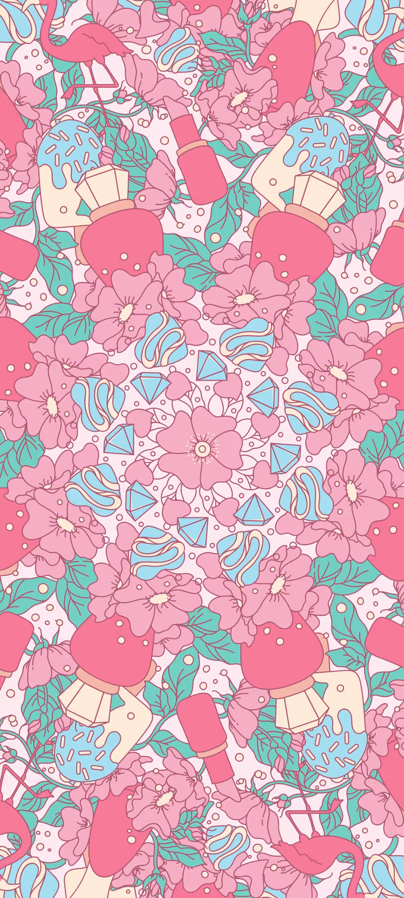 Pink flamingos, lipstick, and ice cream float through an all-pink composition.